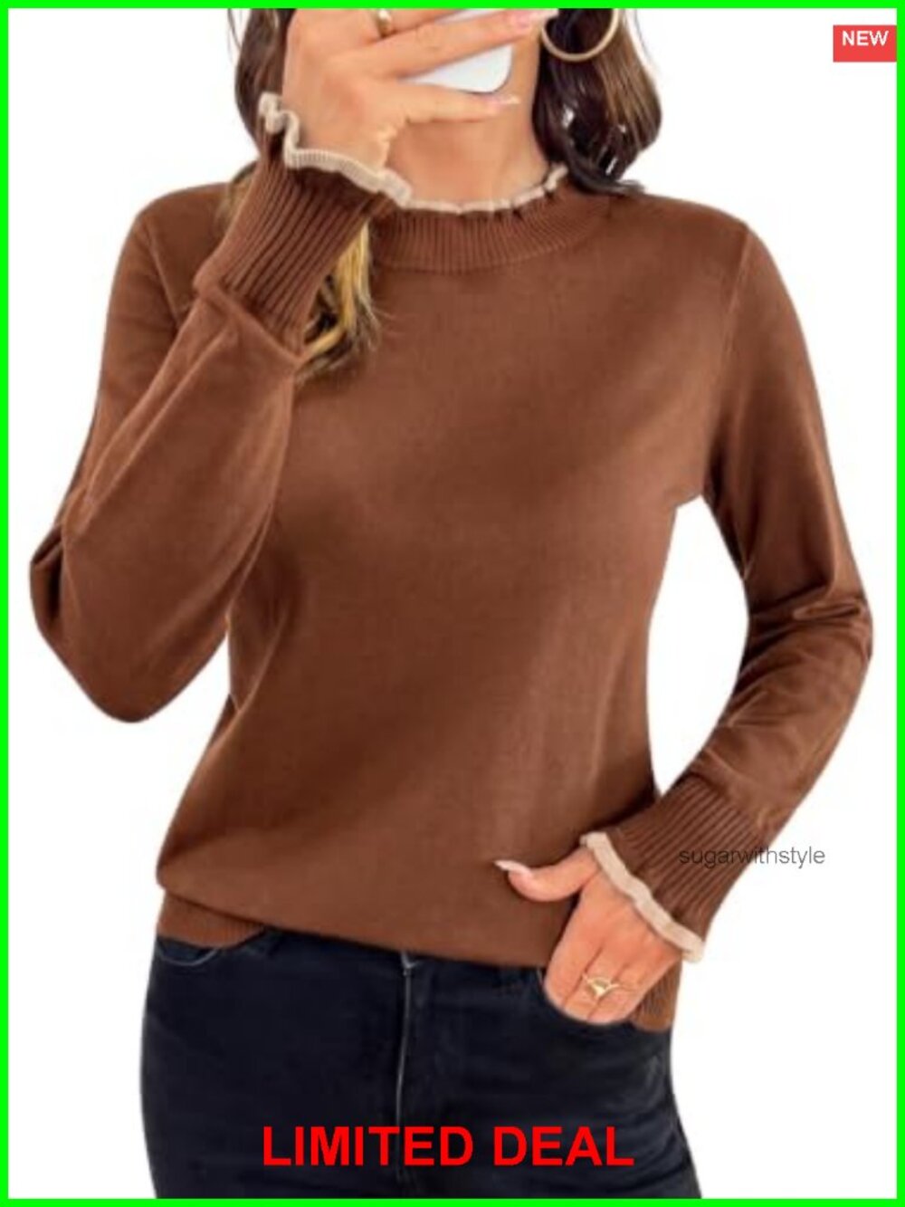 Womens Ruffle Mock Neck Long Sleeve Pullover Sweater